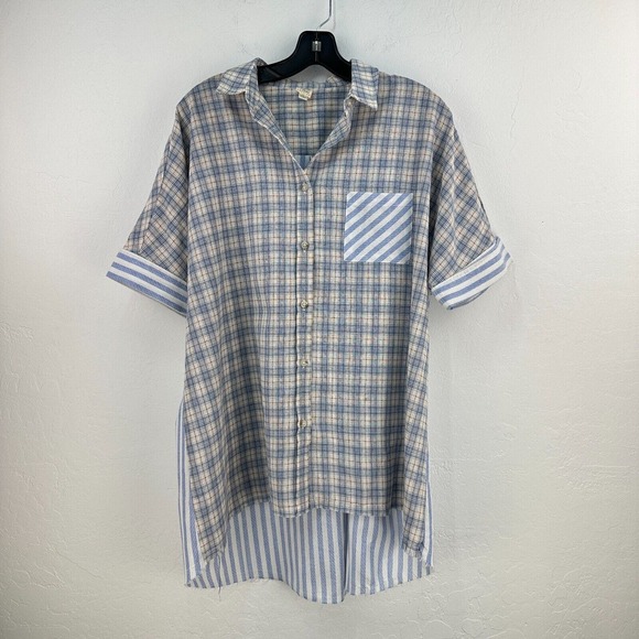 I Joah Premium Shirt Womens‎ S Blue Cream Plaid Button Up Short Sleeve High Low - Picture 1 of 8